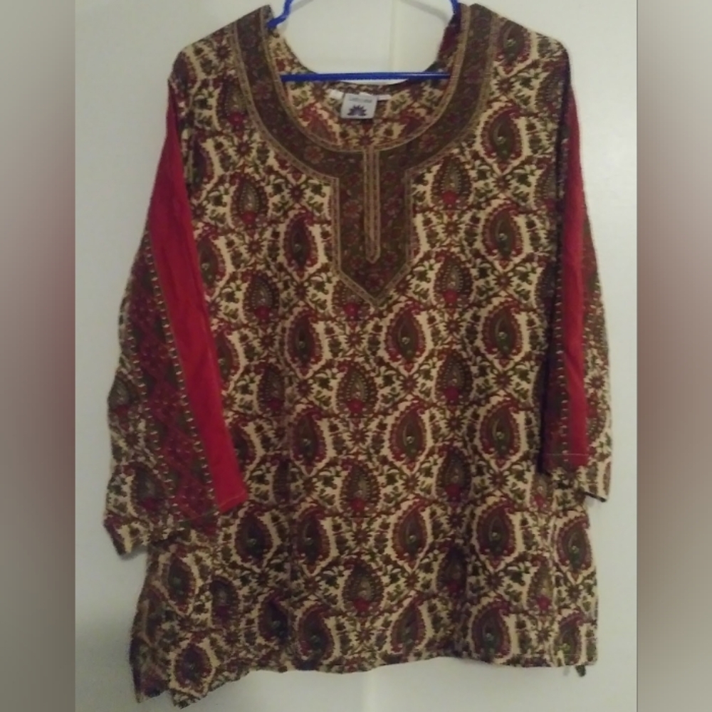 Lucky Lotus Sz XXL Maroon Green Tan Floral Paisley Blouse